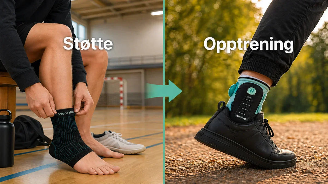 Wear'N'Go Ankelstøtte og Ankle Trainer side ved side: ankelstøtte for passiv støtte under aktivitet til venstre, Ankle Trainer for aktiv opptrening i hverdagen til høyre.