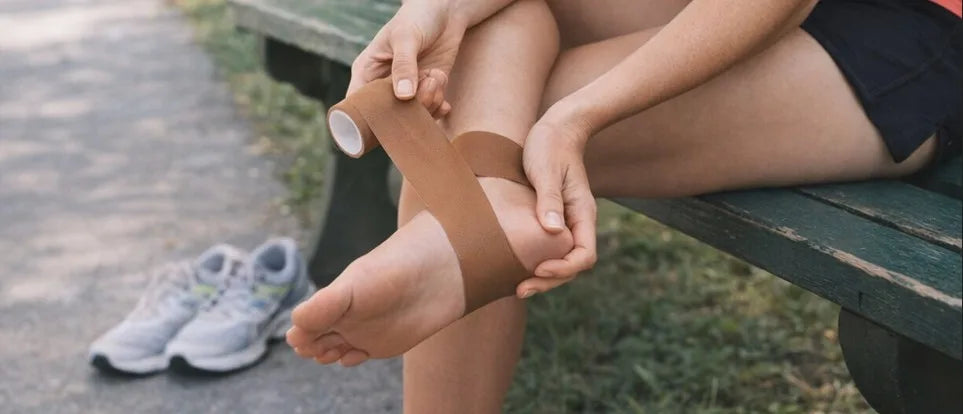 Nærbilde av kvinne som teiper ankelen sin