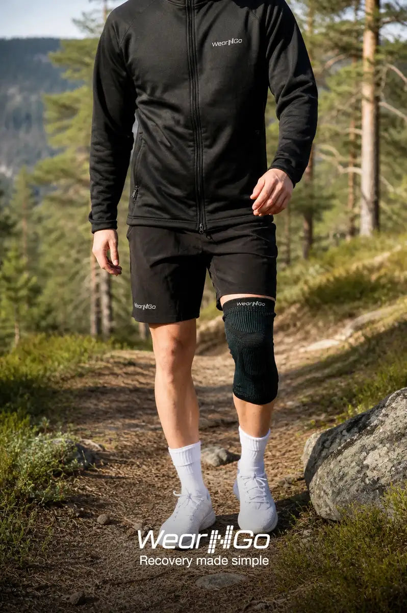 Wear'N'Go Knestøtte i bruk under hverdagsaktivitet. Kompresjon og sidestabilisering rundt kneskålen.